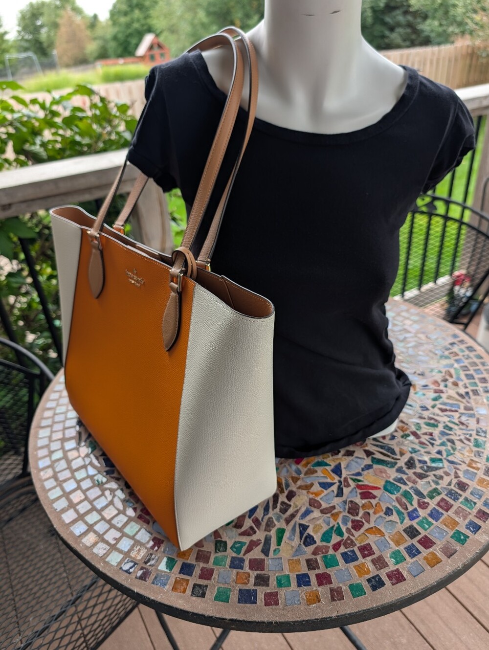 Kate Spade Leather Two-Tone Tote Bag - Cream & Orange